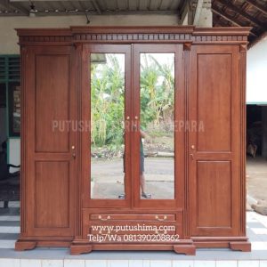 Lemari Pakaian 4 Pintu Kayu Jati Model Salur