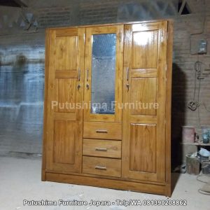 Lemari Pakaian Jati 3 Pintu Laci Cermin