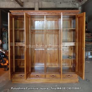 Lemari Pakaian Jati 4 Pintu Ukir Matahari Tampak Dalam
