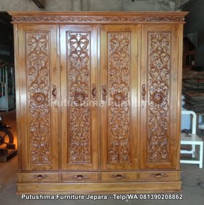 Lemari Pakaian Jati 4 Pintu Ukir Matahari Tampak Depan
